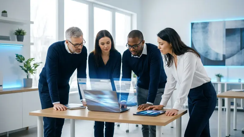 Small business team collaborating around a laptop and tablet in a bright office