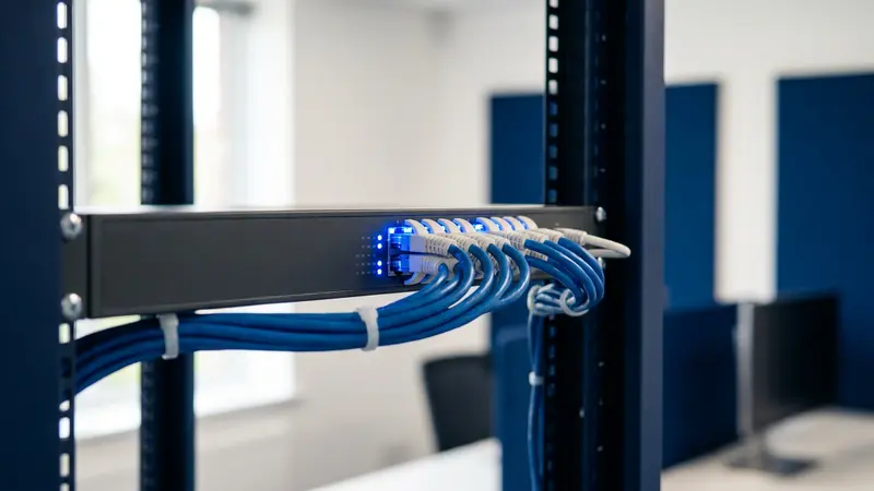 Network switch in an office rack with neatly organised blue ethernet cables